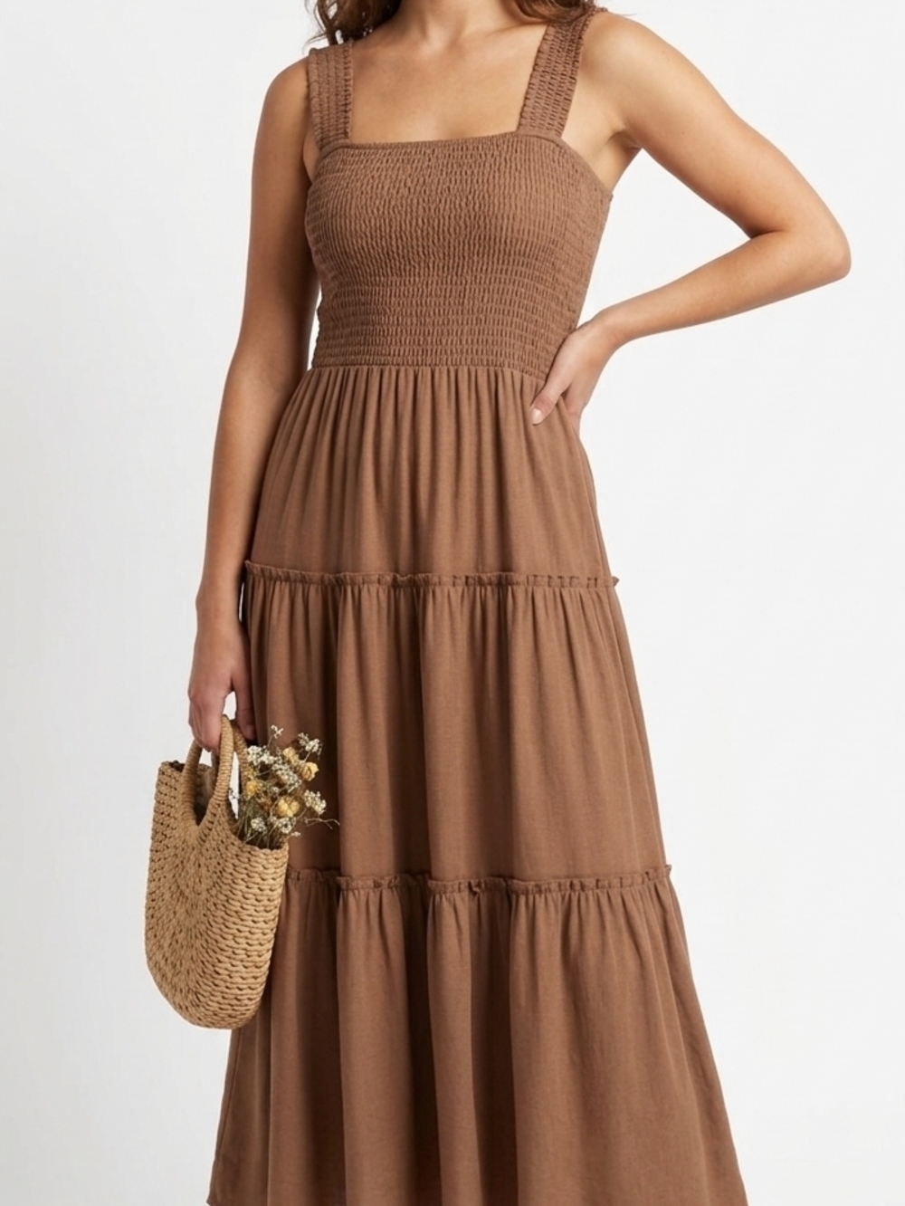 Zenana Brown Smocked Maxi Dress with Wide Straps 1x